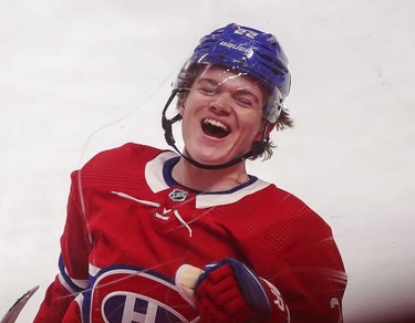 Cole Caufield celebrates his game-winning goal against the Toronto Maple leafs in overtime  in Montreal on Monday, May 3, 2021.