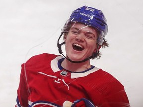Canadiens' Cole Caufield celebrates his game-winning goal during overtime against the Toronto Maple Leafs in Montreal Monday, May 3, 2021.