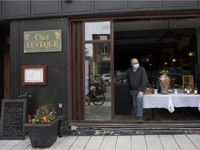 Pierre Lévêque, owner of Chez Lévêque on Laurier Ave., at his restaurant in Outremont on Saturday, May 8, 2021. After a difficult year, restaurant and bar owners are holding a "symbolic opening" on Saturday, handing out gift vouchers to people who visit.