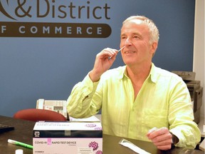 Stratford & District Chamber of Commerce general manager Eddie Matthews tests himself with one of the free rapid antigen screening tests now available to small- and medium-sized businesses throughout Ontario through that province's new COVID-19 Rapid Screening Initiative.
