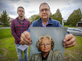 Françoise Allard, pictured, owned two parcels of land in Pointe-aux-Trembles that the city tried to acquire from her for free. Her son, Guy Martel, right, and grandson, Bruno Martel, managed to get the city to pay her — but at a price they say is "peanuts."