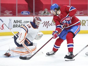 Josh Anderson gets in alone against Edmonton Oilers' Mikko Koskinen but shoots the puck wide during third-period action in Montreal on Monday, May 10, 2021.