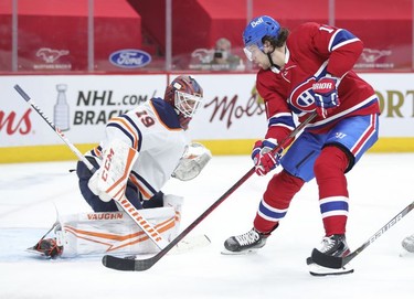 Josh Anderson gets in alone against Edmonton Oilers' Mikko Koskinen but shoots the puck wide during third-period action in Montreal on Monday, May 10, 2021.