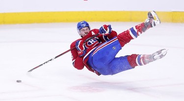 Jeff Petry loses his balance during overtime against the Edmonton Oilers in Montreal on Monday, May 10, 2021.