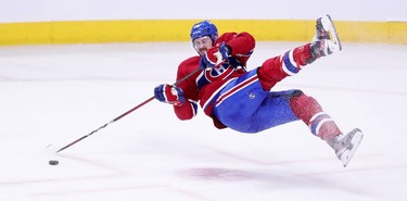 Jeff Petry loses his balance during overtime against the Edmonton Oilers in Montreal on Monday, May 10, 2021.