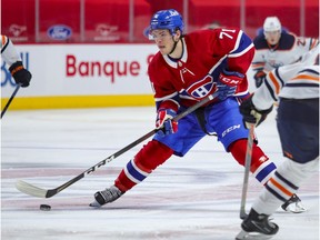 Montreal Canadiens' Jake Evans skates with the puck during third period against the Edmonton Oilers in Montreal on May 10, 2021.