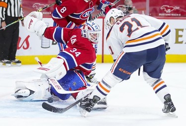 Edmonton Oilers' Dominik Kahun shoots the puck past Jake Allen for a goal during second-period action in Montreal on Monday, May 10, 2021.