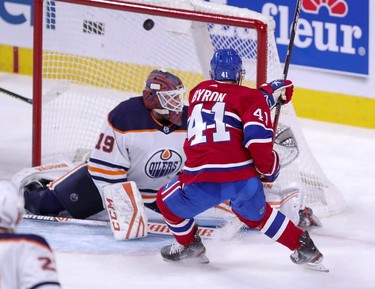 Paul Byron shoots the puck past Edmonton Oilers' Mikko Koskinen for a goal during second-period action in Montreal on Monday, May 10, 2021.
