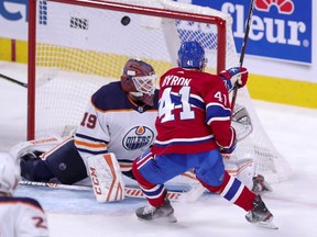 Paul Byron shoots the puck past Edmonton Oilers' Mikko Koskinen for a goal during second-period action in Montreal on Monday, May 10, 2021.