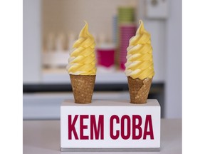 The weekly special: half coconut, half mango at the new Kem CoBa location in the Mercier-Est district of Montreal.