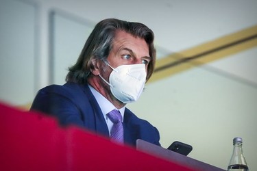 Montreal Canadiens GM Marc Bergevin watches during third-period action in Montreal on Wednesday, May 12, 2021.