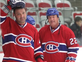 Former Canadiens’ Steve Shutt (right) and Stéphane Richer warm up before an alumni game in Calgary in 2015. Shutt, 68, now lives in Sarasota, Fla.