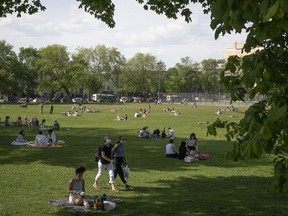A crowded Jeanne-Mance park on a sunny afternoon on May 17, 2021.