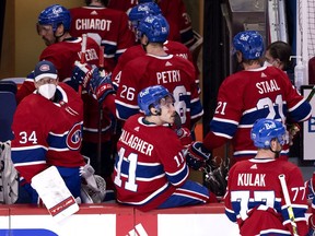 Montreal Canadiens right-winger Brendan Gallagher waits for the rest of the team to exit the ice before heading to the locker room after losing 4-0 to the Toronto Maple Leafs in Montreal on Tuesday, May 25, 2021.