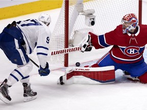 Toronto Maple Leafs centre Joe Thornton beats Carey Price at the Bell Centre on Tuesday night.