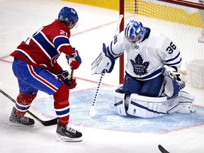 Toronto Maple Leafs goaltender Jack Campbell stops Montreal Canadiens centre Eric Staal in Montreal on May 25, 2021.