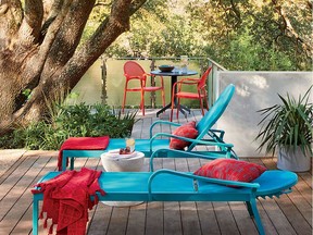 A punch of pool-inspired blue helps to create a vintage resort vibe. Lanai Aqua Mesh Chaise Lounge, $800, crateandbarrel.ca