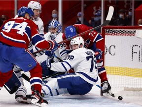 Canadiens forward Corey Perry (94) scores first goal of Game 6 vs. the Toronto Maple Leafs Saturday night at the Bell Centre. The Canadiens won 3-2 in overtime, forcing Game 7 Monday night in Toronto.