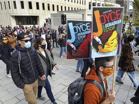 "Justice for Joyce Echaquan" demonstration makes its way along de Maisonneuve Blvd. n Montreal on Saturday, Oct. 3, 2020.