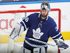 Toronto Maple Leafs goalie Jack Campbell takes a break late in the game on his way to setting a Maple Leaf team consecutive win record against the Montreal Canadiens at Scotiabank Arena on April 7, 2021 in Toronto.