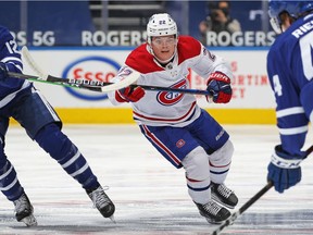 Canadiens' Cole Caufield skates against the Maple Leafs at Scotiabank Arena on May 6, 2021, in Toronto. The Canadiens do have a couple of advantages going into Game 3 at the Bell Centre on Monday evening against the Leafs, Jack Todd writes. First, there’s nowhere to go but up. Second, there’s no reason not to go with the kids. That means Alexander Romanov. Jake Evans, too, if he’s able to go. Above all, it’s time to roll the dice with Caufield.