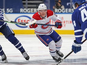 Canadiens rookie Cole Caufield skates against the Toronto Maple Leafs at Scotiabank Arena in Toronto on Thursday, May 6, 2021.