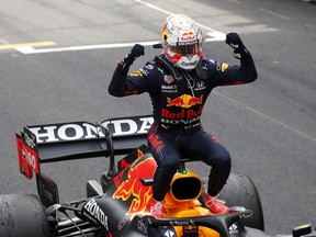 Race winner Max Verstappen of Netherlands and Red Bull Racing celebrates in parc ferme during the F1 Grand Prix of Monaco at Circuit de Monaco on May 23, 2021