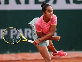 Leylah Annie Fernandez of Laval serves in her first-round match against Anastasia Potapova of Russia at the 2021 French Open in Paris on May 30, 2021.