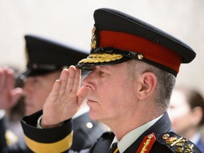 Chief of Defence Staff Jonathan Vance salutes during a ceremony to mark the opening of the Room of Remembrance in the new welcome centre on Parliament Hill in Ottawa on Tuesday, Feb. 5, 2019.