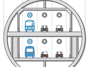 Cross-section of the initial proposed tunnel under the St. Lawrence River between Quebec City and Lévis. The Quebec government then opted for a smaller tunnel before finally choosing a transit-only one.