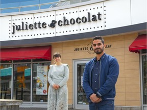 Juliette & Chocolat founder Juliette Brun, left, with her chocolate restaurant chain's first franchisee Majd Najja, right, at the company's first West Island location.