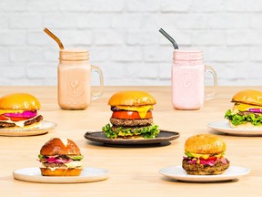A table full of menu items from Bvrger, a new plant-based burger concept coming to Old Montreal in summer 2021 from the chef behind Sushi Momo.