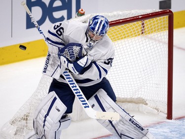 Toronto Maple Leafs goaltender Jack Campbell (36) makes a save against the Montreal Canadiens during NHL playoff action in Montreal on Monday, May 24, 2021.