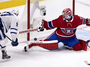 Toronto Maple Leafs center Joe Thornton (97) beats Carey Price (31) for the Leafs third goal and Thornton's first of the series during NHL playoff action in Montreal on Tuesday, May 25, 2021.