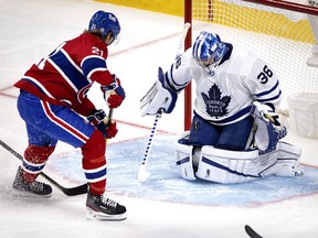 Toronto Maple Leafs goaltender Jack Campbell (36) stops Montreal Canadiens center Eric Staal (21) during NHL playoff action on May 25, 2021.