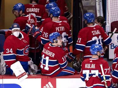 Montreal Canadiens right wing Brendan Gallagher (11) waits for the rest of the team to exit the ice before heading to the locker room after losing 4-0 to the Toronto Maple Leafs during NHL playoff action in Montreal on Tuesday, May 25, 2021.
