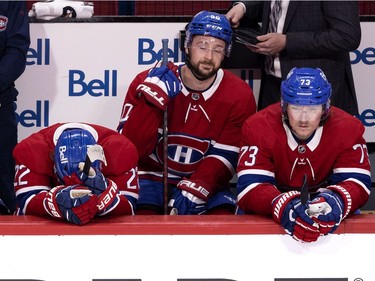 Cole Caufield (22), left wing Tomas Tatar (90) and Montreal Canadiens right wing Tyler Toffoli (73) react as the Canadiens lose 4-0 to the Toronto Maple Leafs during NHL playoff action in Montreal on Tuesday, May 25, 2021. (Allen McInnis / MONTREAL GAZETTE) ORG XMIT: 66190