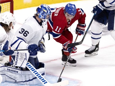Montreal Canadiens right wing Brendan Gallagher (11) tries to get around Toronto Maple Leafs goaltender Jack Campbell (36) during NHL playoff action in Montreal on Tuesday, May 25, 2021. (Allen McInnis / MONTREAL GAZETTE) ORG XMIT: 66190