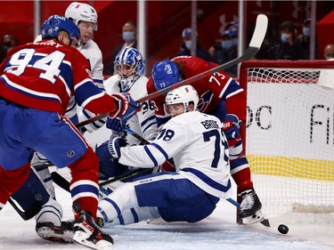Canadiens' Corey Perry (94) scores the opening goal against Toronto Maple Leafs goaltender Jack Campbell during NHL round one Game 6 playoff action in Montreal on Saturday, May 29, 2021.