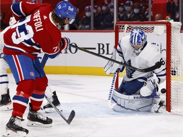Canadiens' Tyler Toffoli (73) scores a power play goal against Toronto Maple Leafs goaltender Jack Campbell (36) during NHL round one Game 6 playoff action in Montreal on Saturday, May 29, 2021.