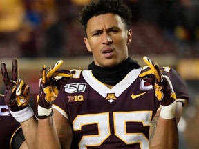 Benjamin St-Juste of the Minnesota Gophers celebrates after a win over the Nebraska Cornhuskers in Minneapolis, Oct. 12, 2019.