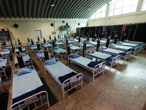 Beds with oxygen support are seen at a recently constructed quarantine facility for patients diagnosed with the coronavirus disease (COVID-19), in Mumbai, India, April 13, 2021.