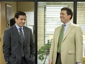 Steve Carell as Michael Scott (left) and Ed Helms as Andy Bernard (right) in "Customer Survey," the seventh episode of the fifth season of The Office.