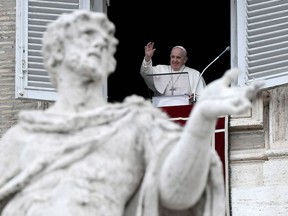 Pope Francis delivers his blessing from his studio's window overlooking Saint Peter's Square, at the Vatican, during the Sunday Angelus prayer on May 2, 2021.