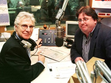 Terry DiMonte, right, with George Balcan in 1998, when it was announced DiMonte would succeed Balcan as host of the morning show on CJAD.
