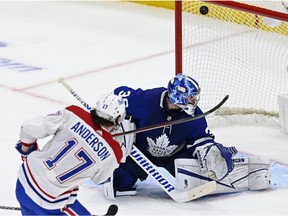 Montreal Canadiens' Josh Anderson scores on Toronto Maple Leafs' Jack Campbell during first period playoff action in Toronto on May 20, 2021.