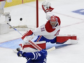 Canadiens goaltender Carey Price absolutely robs Maple Leafs forward Mitch Marner with a blocker save during the third period Thursday night in Toronto.