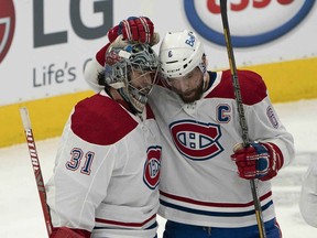 Montreal Canadiens defenceman Shea Weber (6) celebrates with goaltender Carey Price (31) after defeating the Toronto Maple Leafs in February.