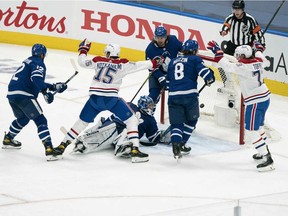 Canadiens' Jesperi Kotkaniemi (15) scores a goal against the Maple Leafs during the first period of Game 2 of the first round of the 2021 Stanley Cup Playoffs at Scotiabank Arena in Toronto on Saturday, May 22, 2021.