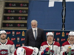 Canadiens head coach Dominique Ducharme look on from behind the bench at start of third period of Game 2 of playoff series against the Maple Leafs Saturday night in Toronto.